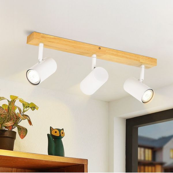 ZMH Deckenleuchte Holz Deckenstrahler 3 Flammig - Vintage Deckenlampe GU10 Deckenspots Modern Weiß Schwenkbar 350° Flurlampe für Schlafzimmer Wohnzimmer Arbeitszimmer Esszimmer Küche