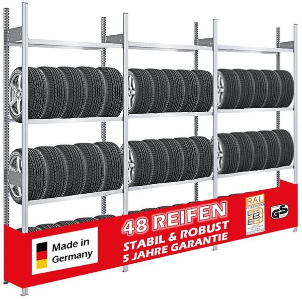 PROREGAL® Schwerlastregal Reifenregal TIRE PRO, HxBxT 250 x 300 x 43 cm, 4 Ebenen, Extrem robust dank Industriequalität aus Deutschland