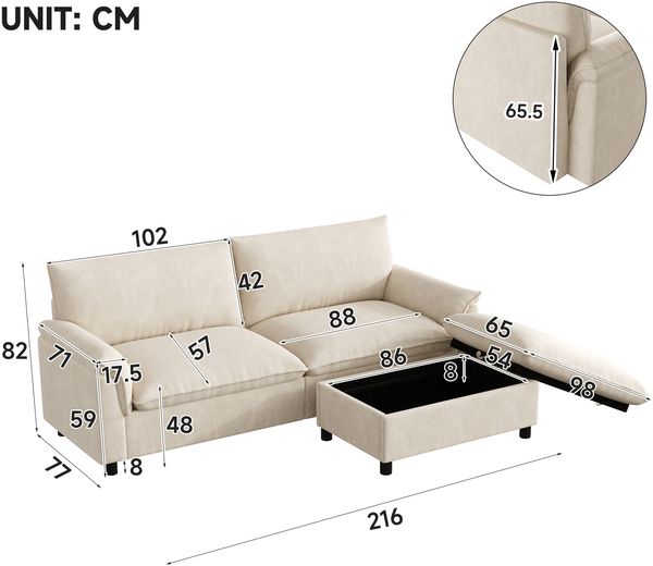 Merax Modulares Cloud-Sectional-Sofa, komfortables Ecksofa für das Wohnzimmer, übergroßes Cloud-Sofa, mit beweglichem Fußhocker, hohe Rückenlehne, Beige, B216 × H82 × T77 Bild 4