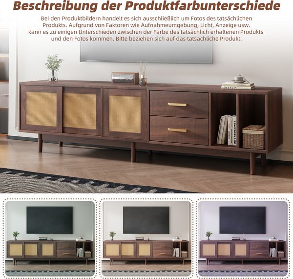 TV Schrank Lowboard 190x40 cm Braun Spanplatte Rattan Türen 3 Türen 2 Schubladen halboffen Wohnzimmer Board Bild 8