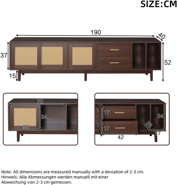 TV Schrank Lowboard 190x40 cm Braun Spanplatte Rattan Türen 3 Türen 2 Schubladen halboffen Wohnzimmer Board Bild 10