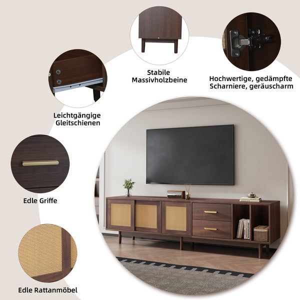 TV Schrank Lowboard 190x40 cm Braun Spanplatte Rattan Türen 3 Türen 2 Schubladen halboffen Wohnzimmer Board Bild 7