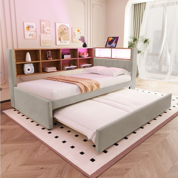 HAUSS SPOLE Schlafsofa 90x200 mit ausziehbett mit LED Leuchten und Staufächern Hellgrau, mit Ausziehbett 90x190 cm, Daybett Tagesbett mit USB-Steckdose & Stauraum, Polsterbett für Wohnzimmer & Gästezimmer 90x200 cm, ohne Matratze