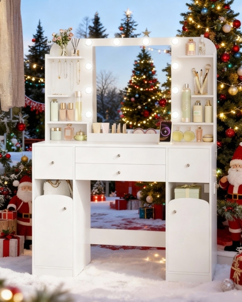 Schminktisch mit LED-Beleuchtung, mit Stecker und Föhnhalter, große Tischplatte 108 cm, Schminktisch mit 2 großen Schubladen mit Schmuckablage, 2 Schränke, 40 x 108 x 144 cm, Weiß