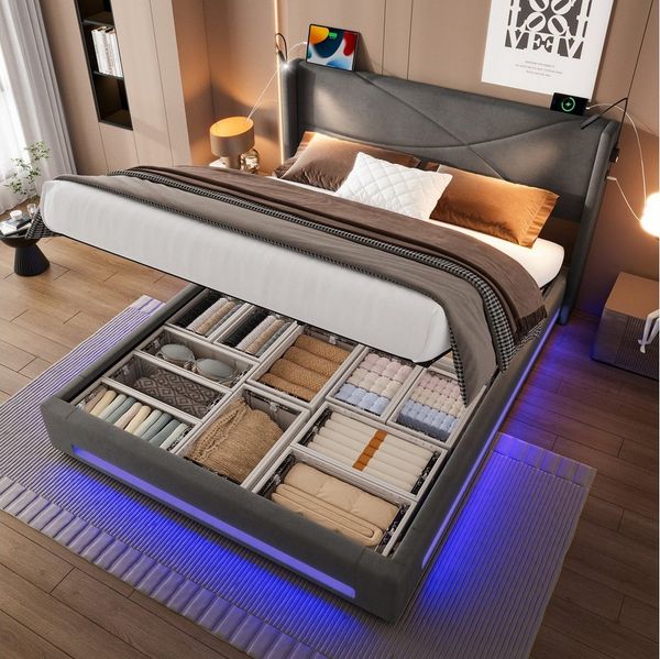LVHOM Boxbett 140x200/160x200cm, Bettgestell mit integrierter Beleuchtung & Stauraum (USB/Typ-C-Ports, XXL-Hydraulik-Storage, freie Staubschutzhülle für Bettkasten als Geschenk, platzsparend & Smart-Home-Anschlüssen, 300 kg Tragkraft, Homeoffice, Senio...