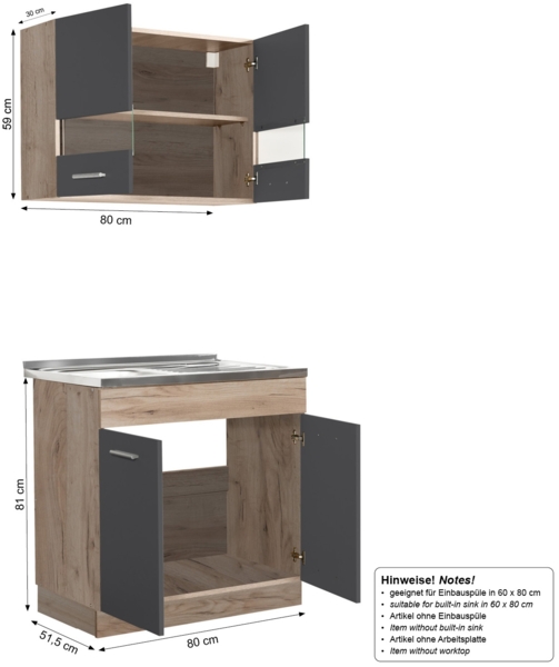 Moderne Küchenzeile, Hängeschrank und Unterschrank, Eiche Grau, ohne Geräte, 80 cm Bild 3