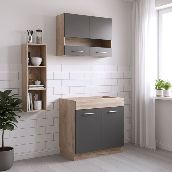 Moderne Küchenzeile, Hängeschrank und Unterschrank, Eiche Grau, ohne Geräte, 80 cm
