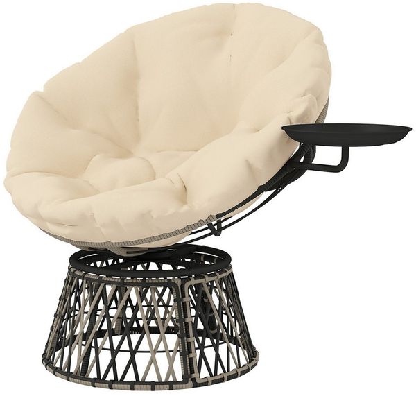 Outsunny Gartensessel mit Kissen (360° drehbar Korbsessel, 1-St, Papasansessel aus Rattan), Durchmesser 90 cm, für Wohnzimmer Garten Balkon Beige