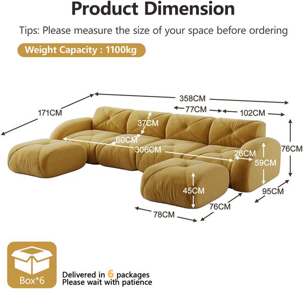 Sofa Modulsofa in Gelb aus Chenille, rahmenlos, 4-Sitzer mit 2 Hockern, flexible Wohnlandschaft,76x358x171 cm Bild 4