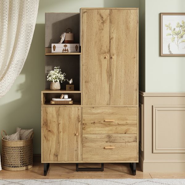 Kompaktgarderobe aus MDF mit Soft-Close & Schubladen, 110x38x186 cm, Natur/Schwarz