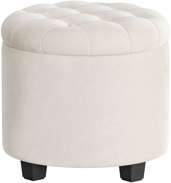 SONGMICS Sitzhocker rund, Fußhocker mit Stauraum, Schminkhocker mit Füßen, 45 x 45 x 44,5 cm, Samt, bis 150 kg belastbar, für Wohnzimmer Schlafzimmer, cremeweiß