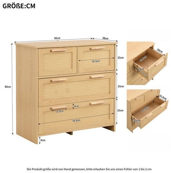 Celya Sideboard Sideboard 4-Schubladen-Rattanschrank mit Massivholzgriffen (Maße: B80/H80/T38 cm), Geeignet für Schlafzimmer, Wohnzimmer, Esszimmer, Flur Bild 4