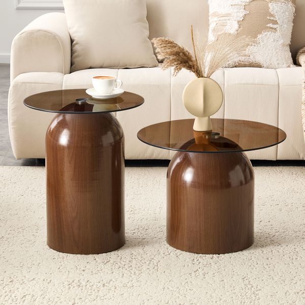 Flieks Runder Glas-Couchtisch 2 Set, Ø50 + Ø40 cm mit Sockel, moderner Wohnzimmertisch aus gehärtetem Glas & Metall, Braun