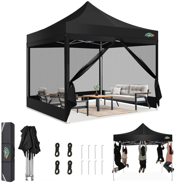 COBIZI Pavillon 3x3,Faltpavillon 3x3 Wasserdicht Stabil,Pavillon Faltbar Anti-UV mit Mesh-Seitenwände,Pavillion für Camping Events, Partyzelt Gartenzelt mit Tragetasche(3 mal 3m Schwarz)
