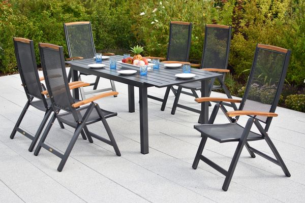 Tilos Gartenmöbel Set 7tlg, 6 Klappsessel, Ausziehtisch 150 (200) x 90 cm, Aluminium/Akazie
