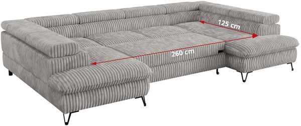 Mks Möbel 'Peter U' Wohnlandschaft mit Bettkasten, Bettfunktion & einstellbaren Kopfstützen, Grau, Cord, mit Topper Bild 9