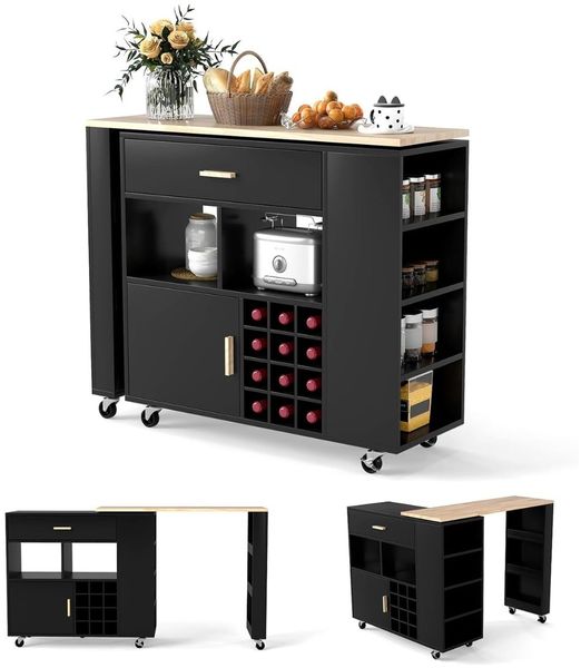 Küchenwagen & Bartisch mit Verstellbarem Regal & Schublade & Gewürzregal & Weinregal Schwarz