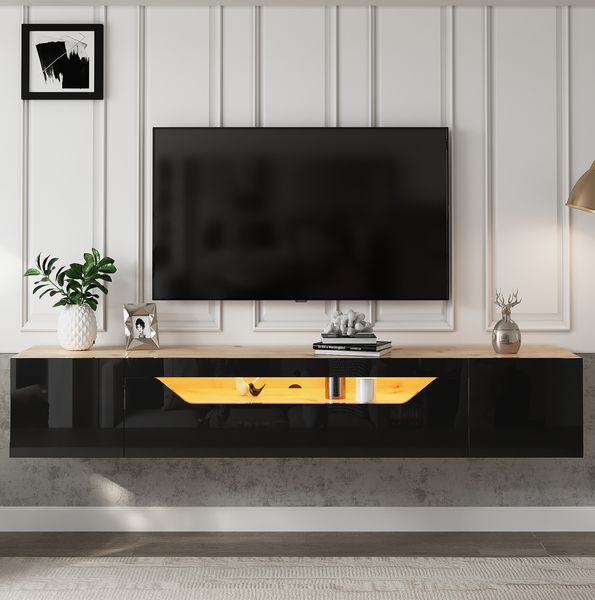 Wandmontierter TV-Schrank 180x37x36 cm, schwarz/holzfarben mit LED, für bis 75 Zoll