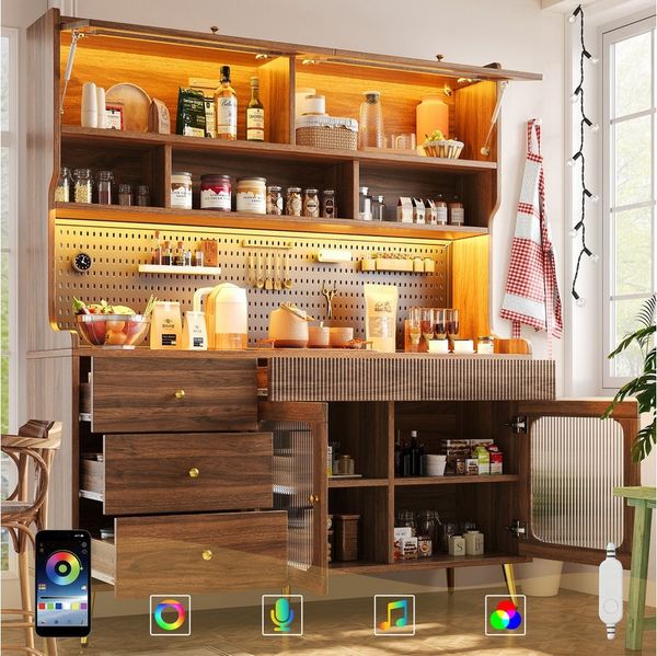Flieks Küchenbuffet mit LED-Beleuchtung, Lochwand, Glastüren und 5 Schubladen (1-St, 145x39x171 cm) Hochschrank Küchenschrank Geschirrschrank mit Arbeitsplatte Holzoptik
