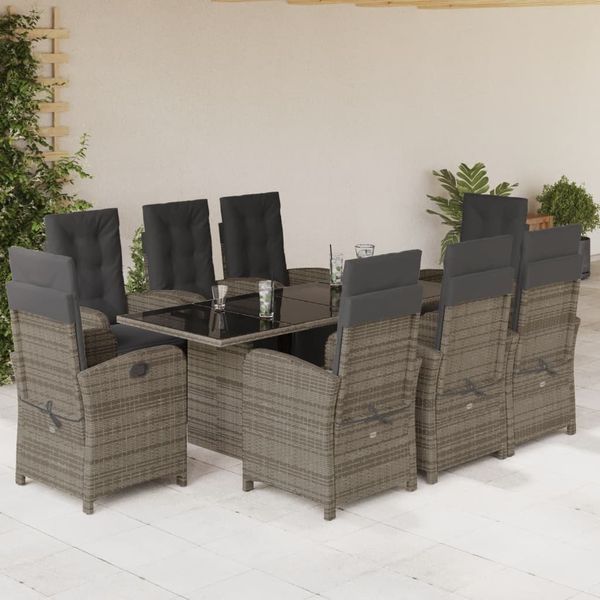 vidaXL 9-tlg. Garten-Essgruppe mit Kissen Grau Poly Rattan 3212493