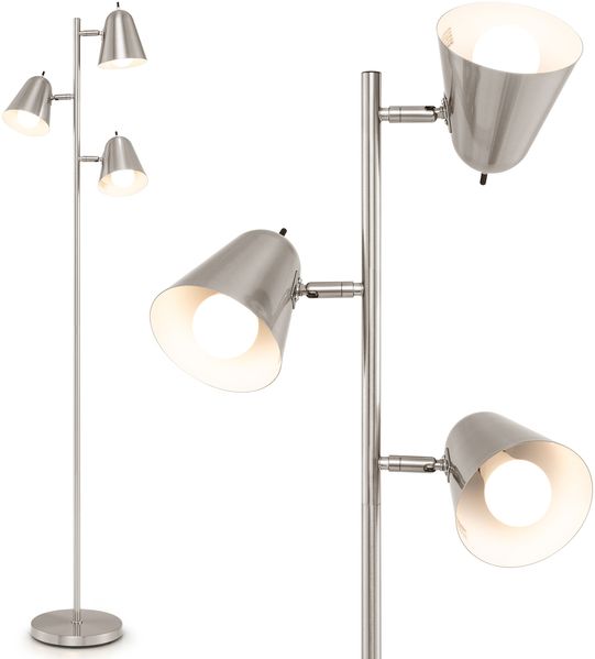 163cm Stehlampe mit 3 E27 Glühbirnen & 360° Verstellbaren Lampenschirmen Stehleuchte Silber
