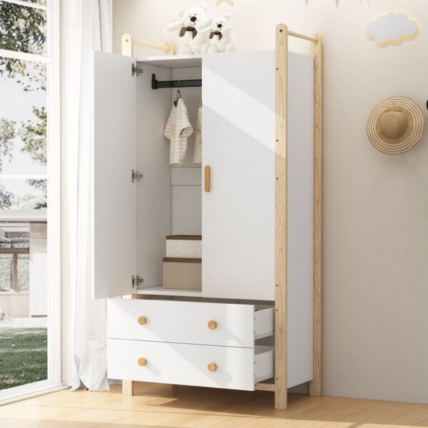 HAUSS SPOLE Kleiderschrank mit Schubladen Kinderkleiderschrank Drehtürenschrank mit Kleiderstange