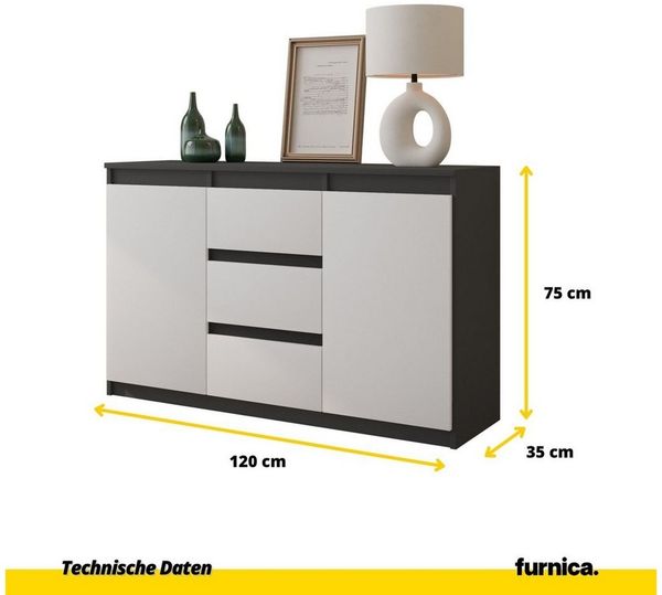 Furnica Kommode Sideboard 3 Schubladen und 2 Türen - Anthrazit Grau H75cm B120cm T35cm Bild 2