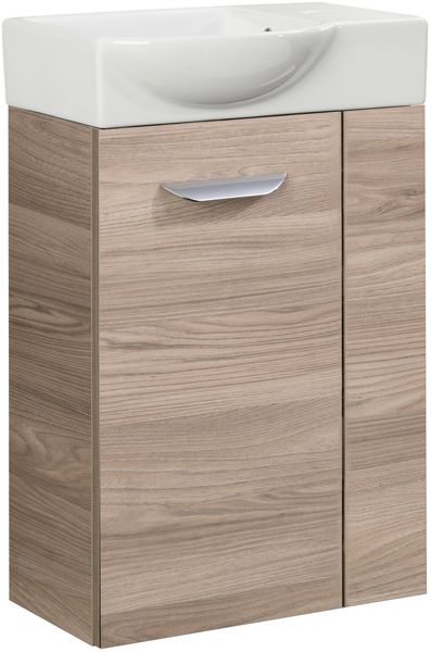 FACKELMANN SBC LUXOR Gäste WC Waschtisch Set 45 cm breit, Braun hell, Waschbecken Keramik Weiß, Türanschlag links