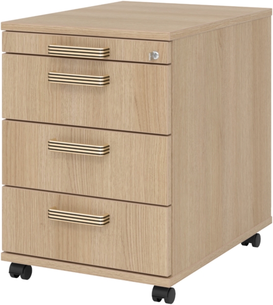 bümö Rollcontainer mit Schubladen, Container abschließbar aus Holz in Eiche - Rollwagen für's Büro als Schreibtisch Unterschrank, Bürocontainer od. Schreibtischcontainer mit Streifengriffe, AC30-E-E-SG