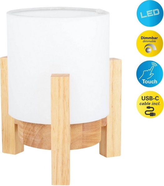 näve LED Tischleuchte Madita, Ein-/Ausschalter, LED wechselbar, Warmweiß, Akkubetrieb, inkl. USB-C-Kabel, Holzgestell, Textilschirm, dimmbar