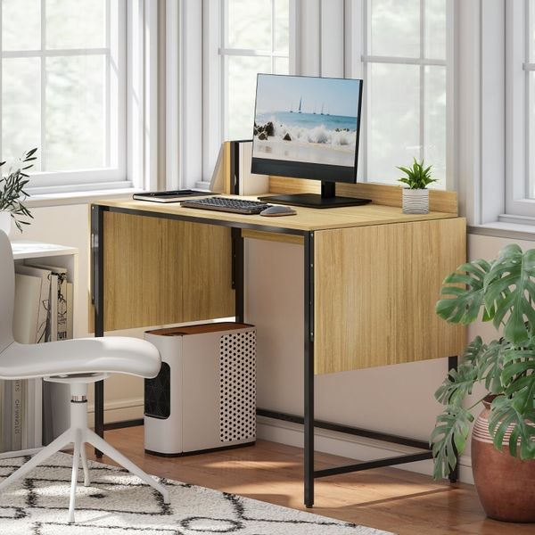 Schreibtisch Faltbar 170-100cm Mit Rückbrett - Flexibler Computertisch Mit Holzoptik Und Metallrahmen, Kippschutz