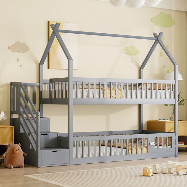 90x200 Kinder-Etagenbett Massivholzbett mit Dach, Sicherheitstreppe und Stauraumschubladen, Stauraum Kinderbett Einzelbett Grau
