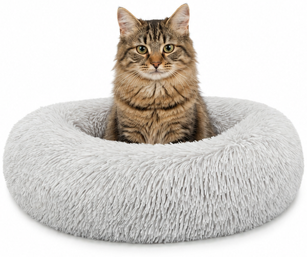 lionto Donut Katzenkissen, rundes Bett mit Plüschbezug & Anti-Rutsch-Boden, erhöhter Rand für Geborgenheit, 40 cm Durchmesser, hellgrau