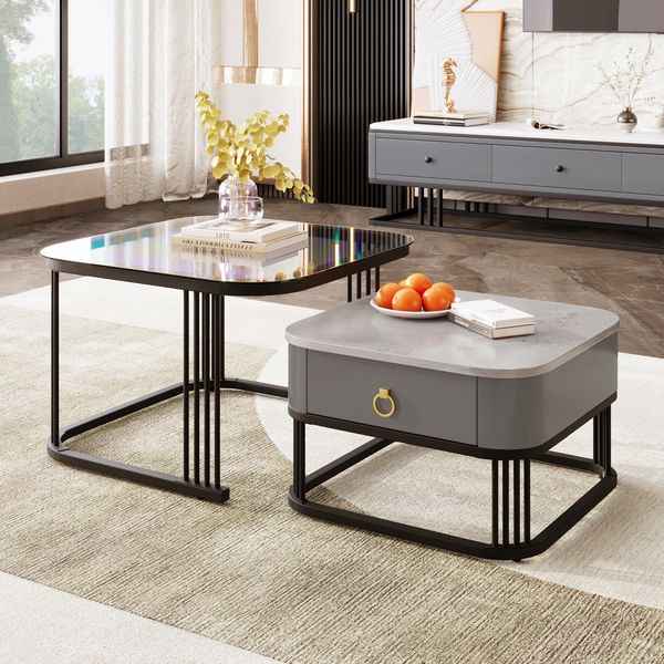 Stapelbarer Couchtisch-Set Marmoroptik & Glas mit Schublade - 60x60x42 + 50x50x34 cm
