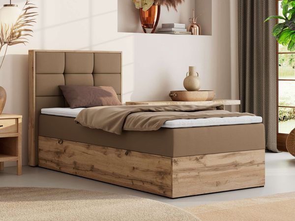 Boxspringbett ALBERO 1 90x200 mit Stauraum, 7-Zonen Multipocket Matratze H4, Bettkasten mit Federautomat, Öffnungsseite wählbar, Hotelbett - Braun Kunstleder - Topper Visco - Links