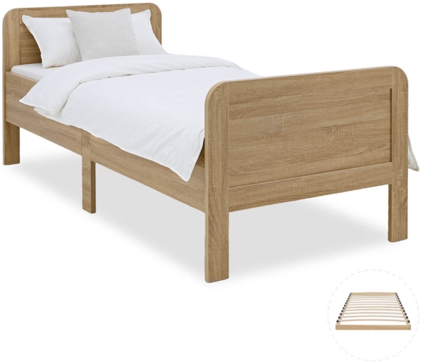 Komfortbett 90x200 mit Lattenrost Seniorenbett Höhenverstellbar Holzbett Eiche Einzelbett Hohes Bett Bettgestell