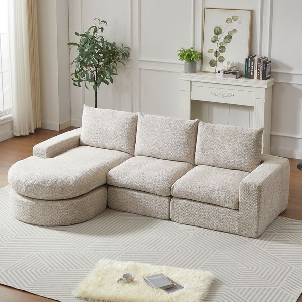 Modulares Sofa aus Chenille mit austauschbarer Chaiselongue und Kissen, Beige, keine Montage erforderlich