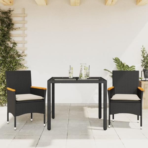 vidaXL 3-tlg. Garten-Essgruppe mit Kissen Schwarz Poly Rattan Glas 3278645