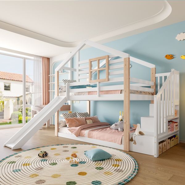 Bett Etagenbett 90x200 cm aus Holz in Weiß, Hausbett mit Rutsche, Treppe mit Stauraum, ohne Matratze