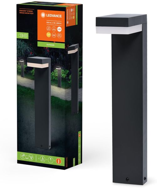 LEDVANCE ENDURA HYBRID VENUS Außenleuchte, Hybridleuchte, 4W, 200lm, warmweiße Lichtfarbe, 3.000K Farbtemperatur, dunkelgrau, Edelstahl, IP44 & IP67 Schutzklasse, Solar- & Stromnetzbetrieb