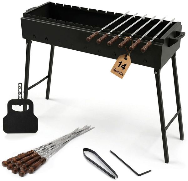BIG-PAN Grillbesteck-Set Klappbarer Grill 90 cm 14 Spießen Grillfächer BBQ