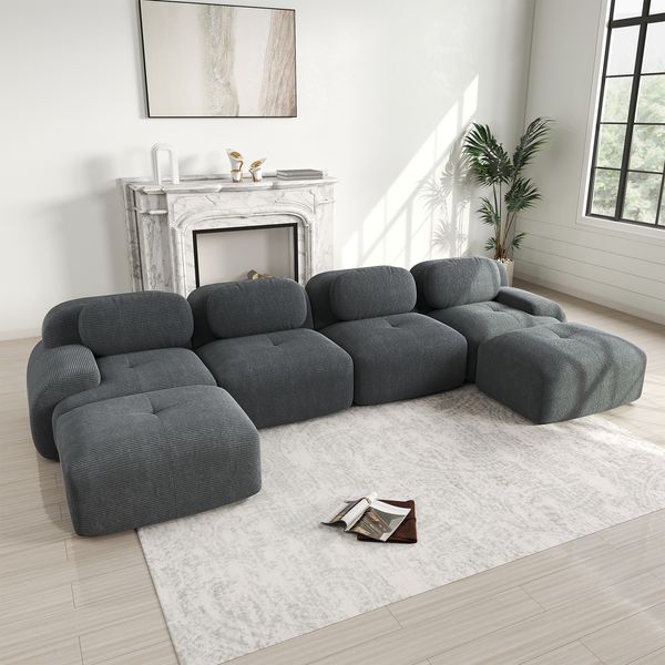 Flieks Modulares Cord Sofa 4-Sitzer mit 2x Hocker, Cloud Sofa rahmenlos, bodennah mit tiefer Sitzfläche, auch als Schlafsofa nutzbar, Grau