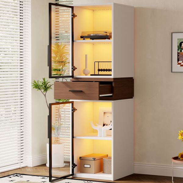 Flieks LED Glasvitrine 40×40×200 cm, schmaler Vitrinenschrank mit gehärteten Glastüren & Schublade, Bücherregal modern weiß
