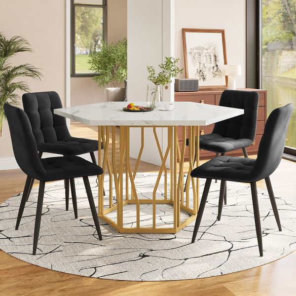 Esstisch mit Marmoreffekt & Metallgestell, 115,5 x 100 x 75 cm, Weiß/Gold