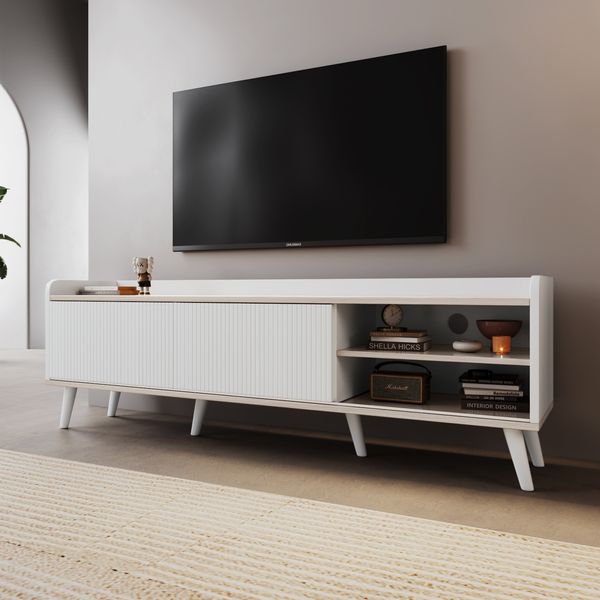 TV-Ständer 160 cm Weiß & Holz, Sideboard mit gestreiften Schiebetüren, zwei Schubladen, Massivholzbeine
