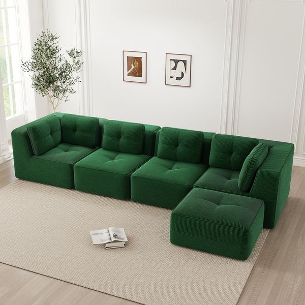 Flieks 4-Sitzer Modulares Sofa mit Hocker, Cloud Sofa Cord rahmenlos, Lounge Sofa bodennah, mit breiten Armlehnen, Grün