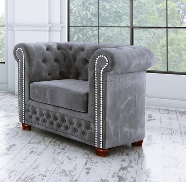 S-Style Möbel Chesterfield-Sessel Leeds aus Samt-Stoff mit Holzfüßen, mit Wellenfederung