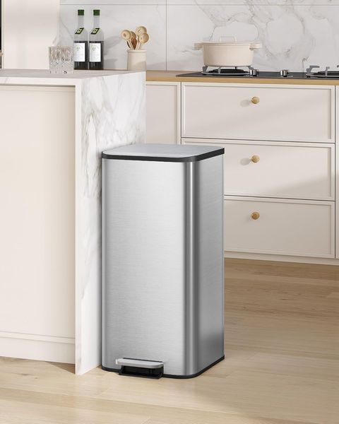 Mülleimer Küche, 40 Liter Abfalleimer mit Tretpedal, Tretmülleimer mit Softclose-Deckel und Inneneimer, Küchenmülleimer mit 15 Müllbeuteln, Silber