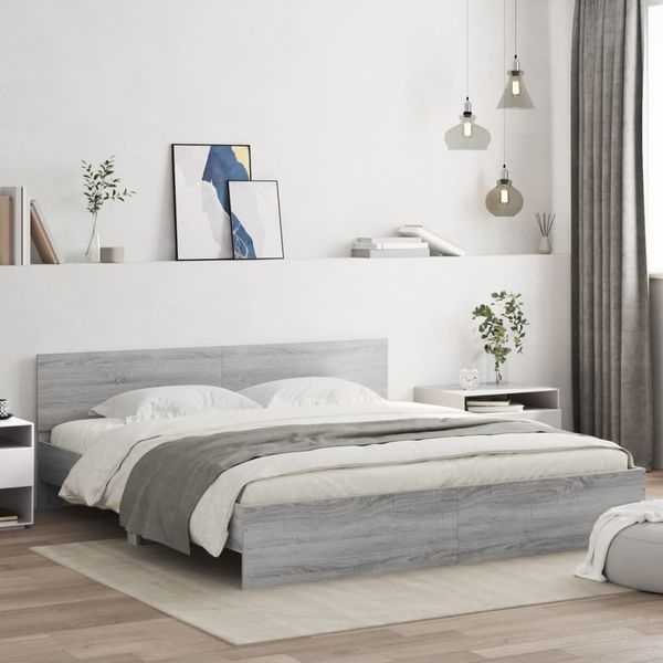 vidaXL Bettgestell mit Kopfteil und LED-Beleuchtung Grau Sonoma 3207586