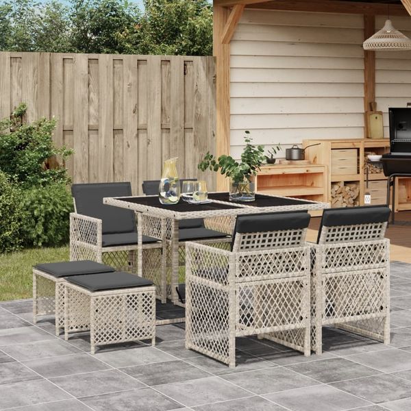 vidaXL 9-tlg. Garten-Essgruppe mit Kissen Hellgrau Poly Rattan 3210779
